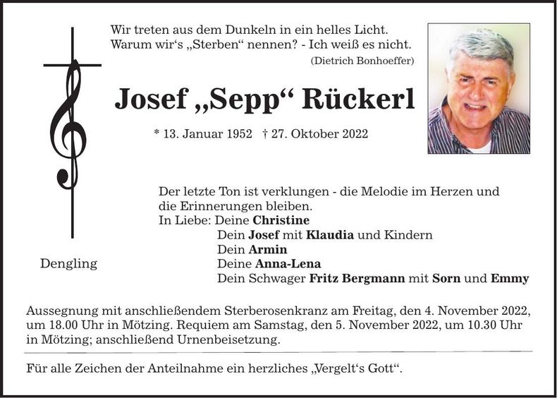 Traueranzeige Josef Rückerl