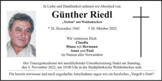 Traueranzeige Günther Riedl