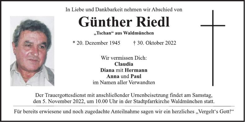 Traueranzeige Günther Riedl
