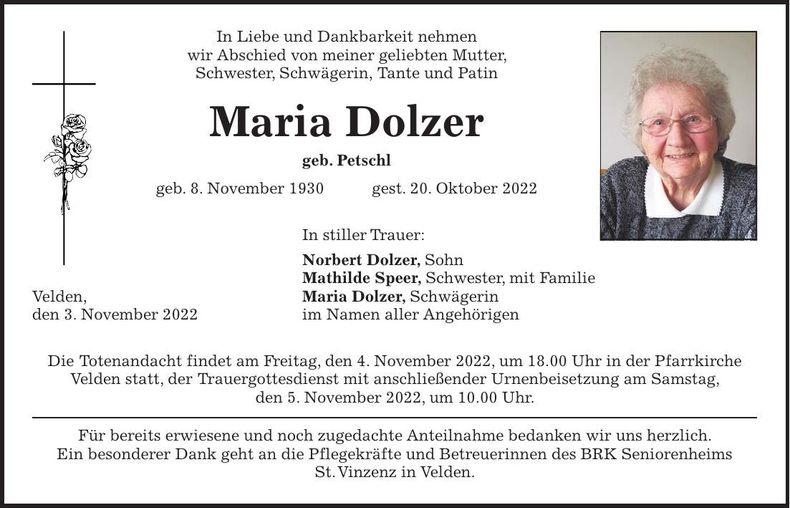 Traueranzeige Maria Dolzer