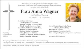 Traueranzeige Anna Wagner