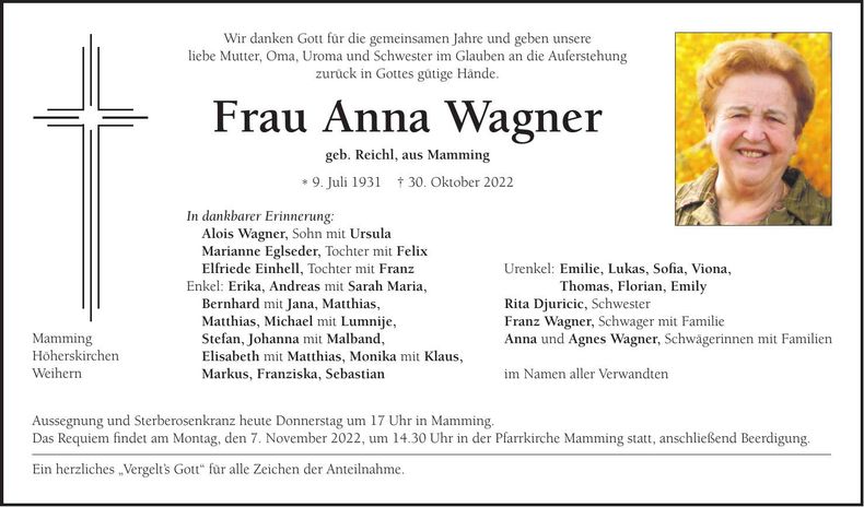 Traueranzeige Anna Wagner