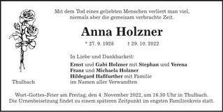 Traueranzeige Anna Holzner