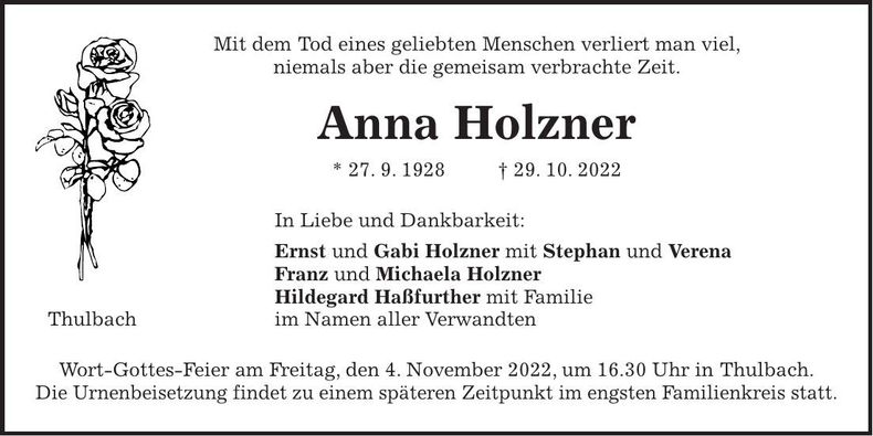 Traueranzeige Anna Holzner