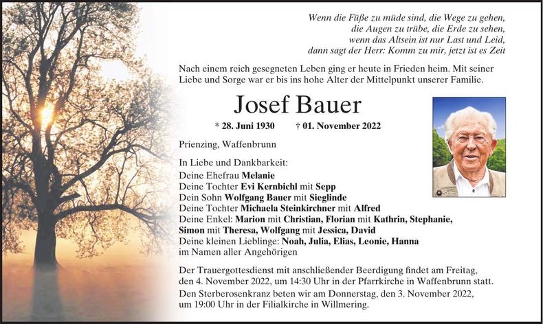 Traueranzeige Josef Bauer