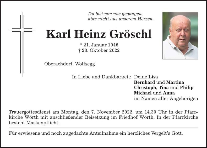 Traueranzeige Karl Heinz Gröschl
