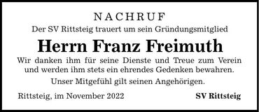 Traueranzeige Franz Freimuth