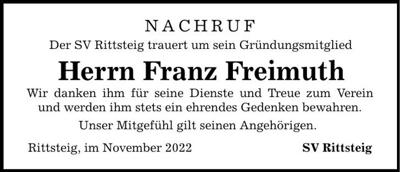 Traueranzeige Franz Freimuth