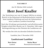 Traueranzeige Josef Knaller