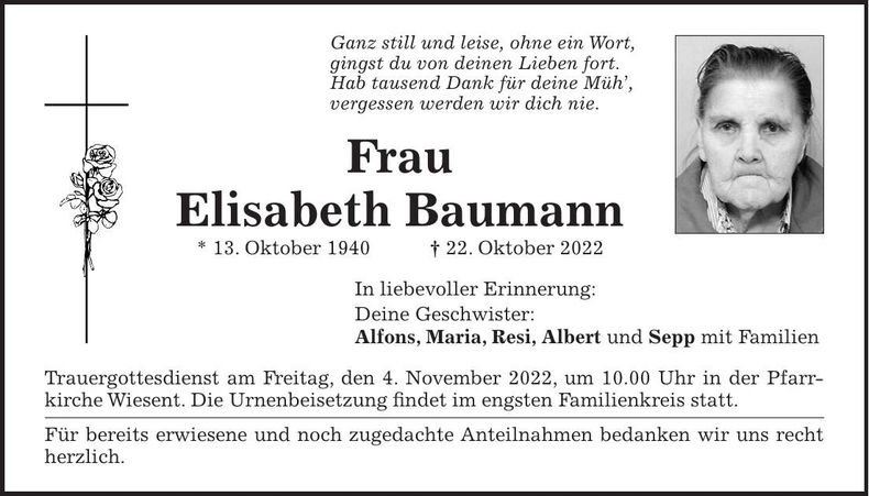 Traueranzeige Elisabeth Baumann