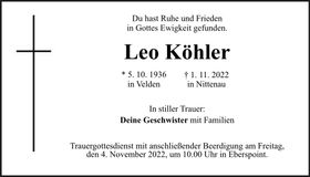 Traueranzeige Leo Köhler