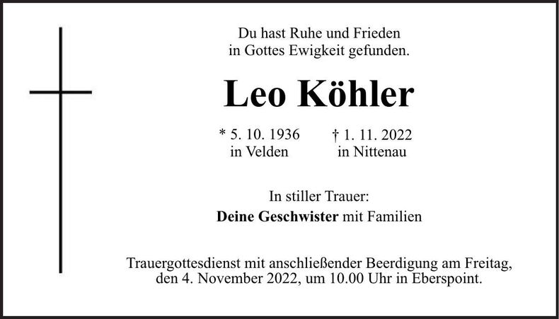 Traueranzeige Leo Köhler