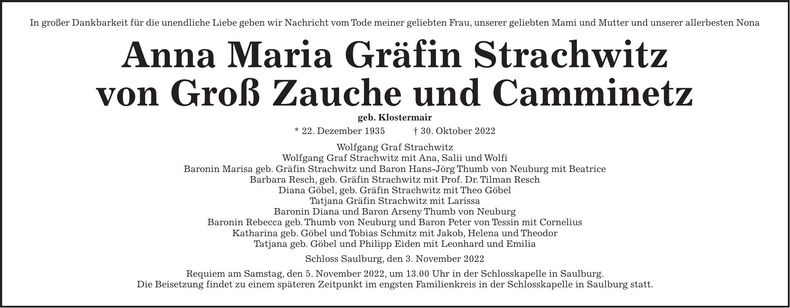 Traueranzeige Anna Maria Strachwitz