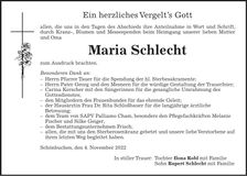 Traueranzeige Maria Schlecht