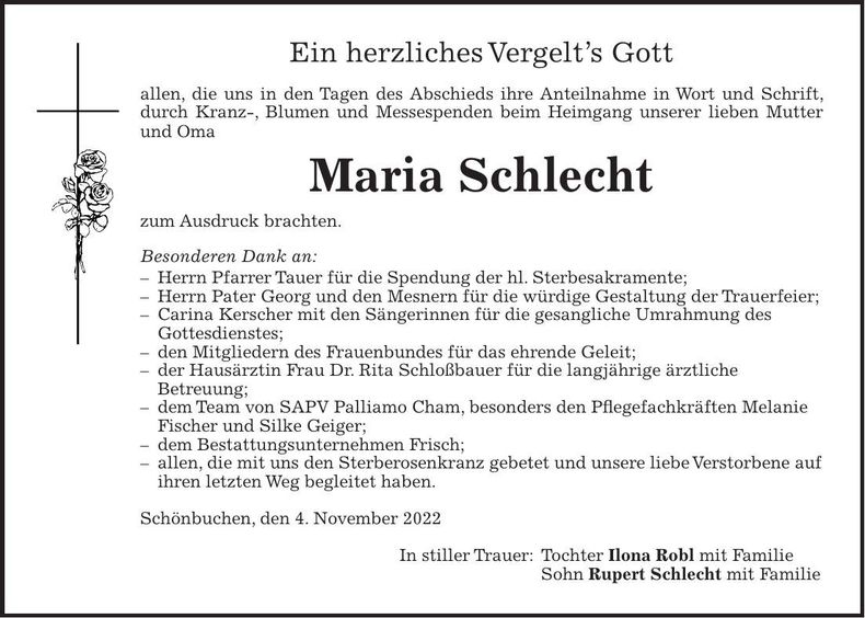 Traueranzeige Maria Schlecht