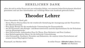 Traueranzeige Theodor Lehrer