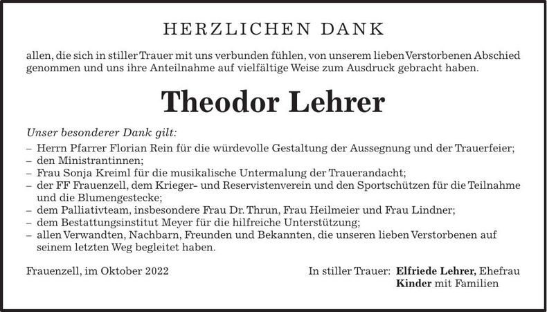 Traueranzeige Theodor Lehrer