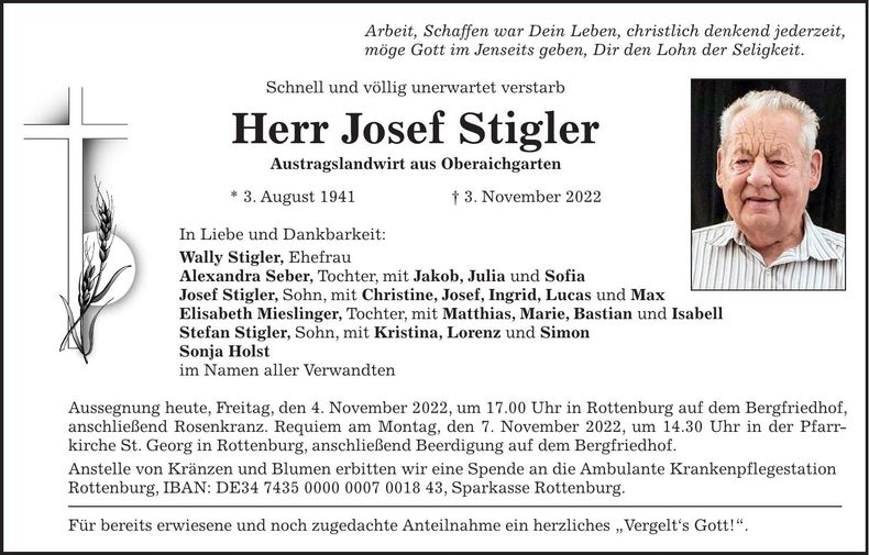 Traueranzeige Josef Stigler