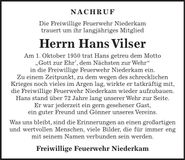 Traueranzeige Hans Vilser
