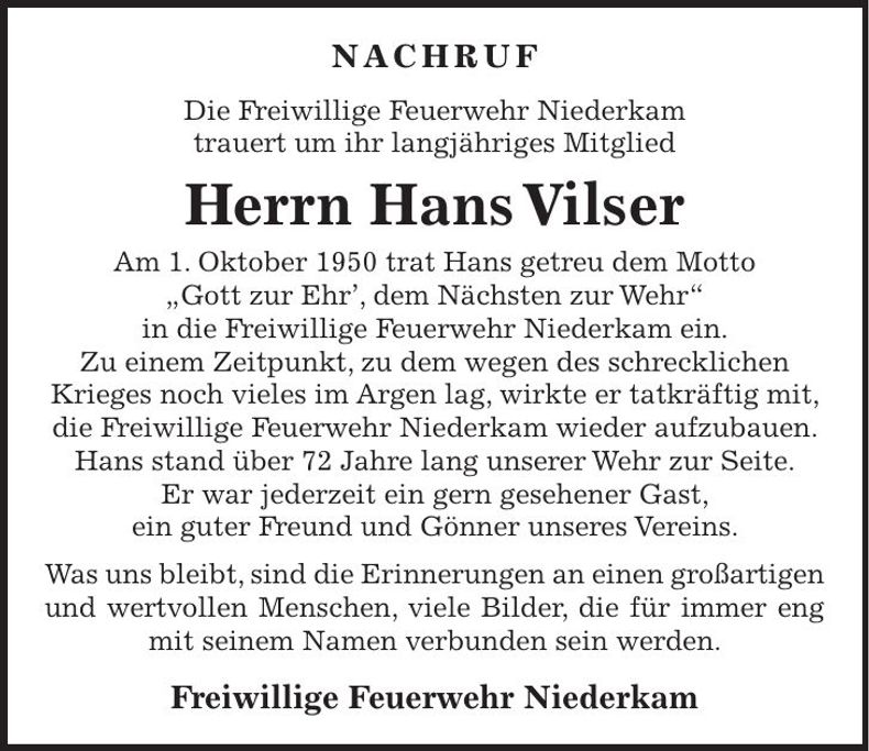 Traueranzeige Hans Vilser