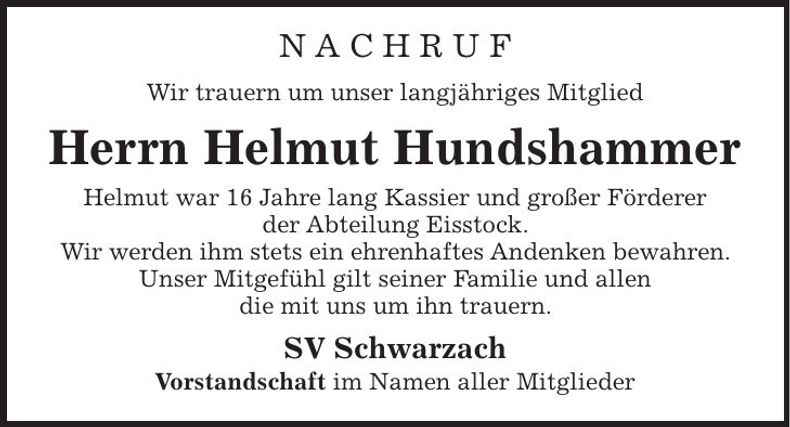 Traueranzeige Helmut Hundshammer