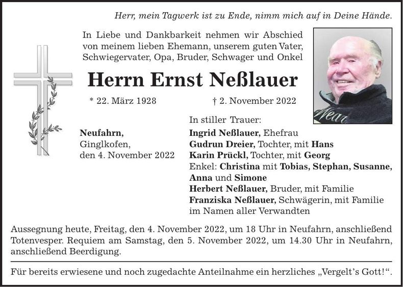 Traueranzeige Ernst Neßlauer