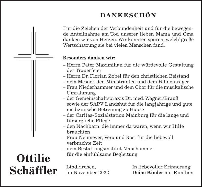 Traueranzeige Ottilie Schäffler