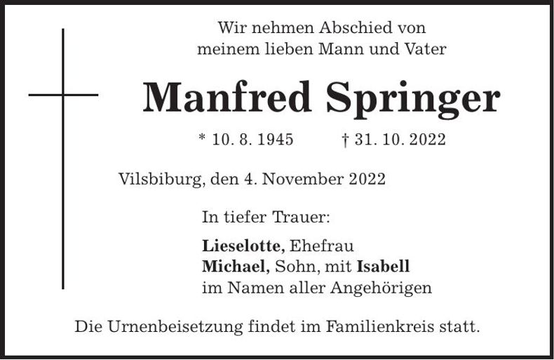 Traueranzeige Manfred Springer