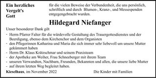 Traueranzeige Hildegard Niefanger