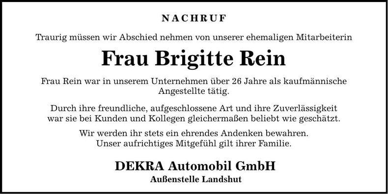 Traueranzeige Brigitte Rein