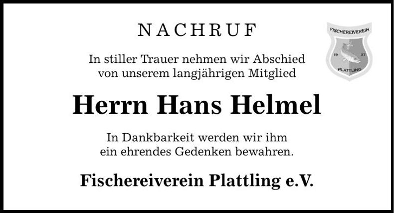 Traueranzeige Hans Helmel