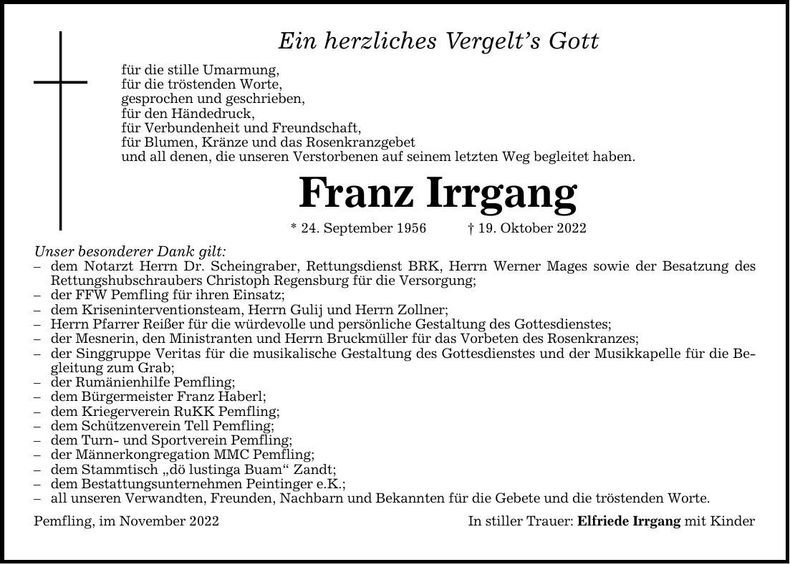 Traueranzeige Josef Irrgang
