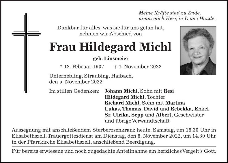 Traueranzeige Hildegard Michl