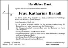 Traueranzeige Katharina Brandl