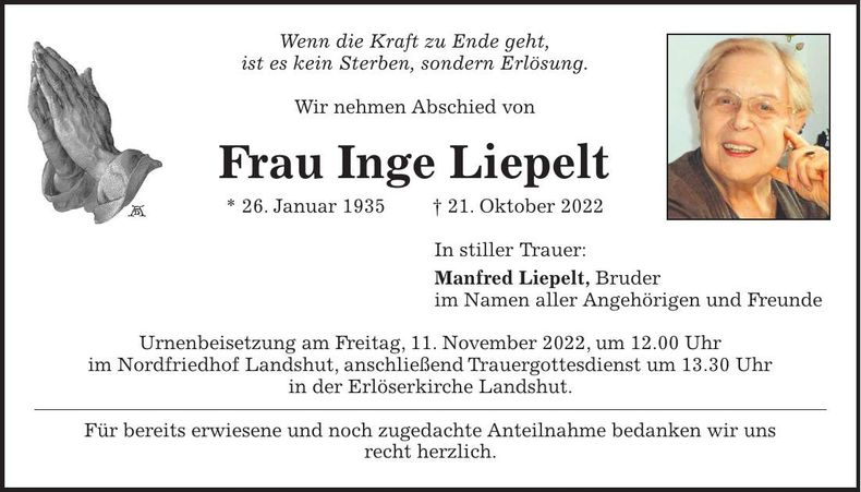 Traueranzeige Inge Liepelt