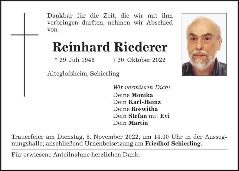 Traueranzeige Reinhard Riederer
