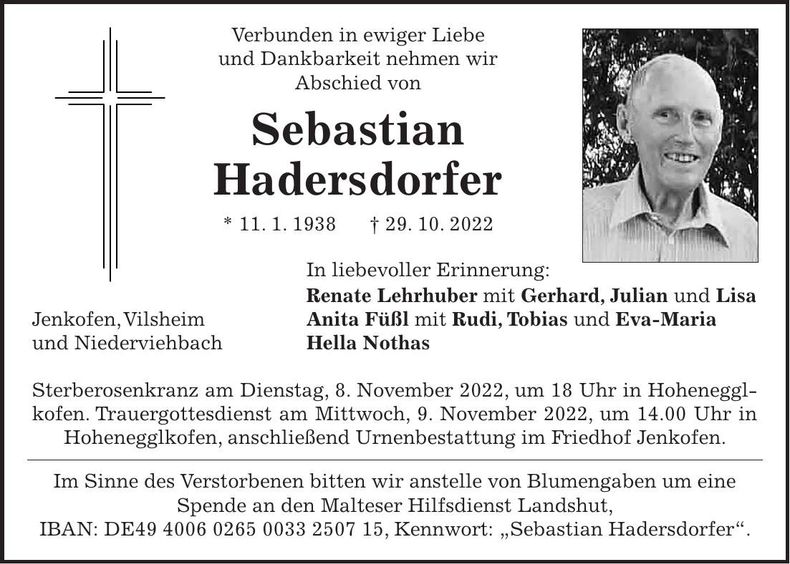 Traueranzeige Sebastian Hadersdorfer