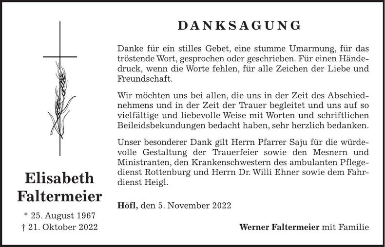 Traueranzeige Elisabeth Faltermeier
