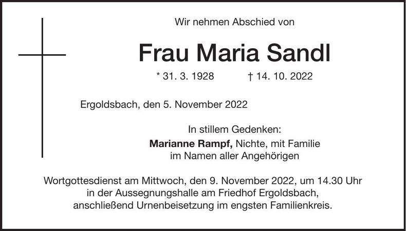 Traueranzeige Maria Sandl