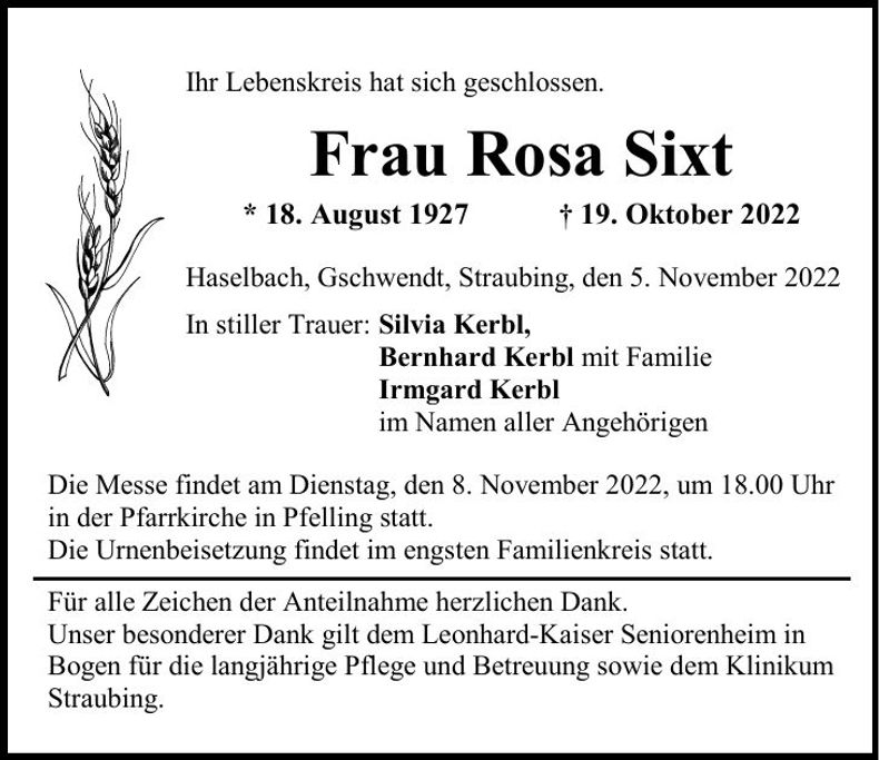 Traueranzeige Rosa Sixt