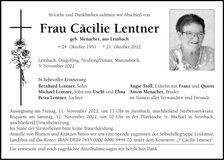 Traueranzeige Cäcilie Lentner
