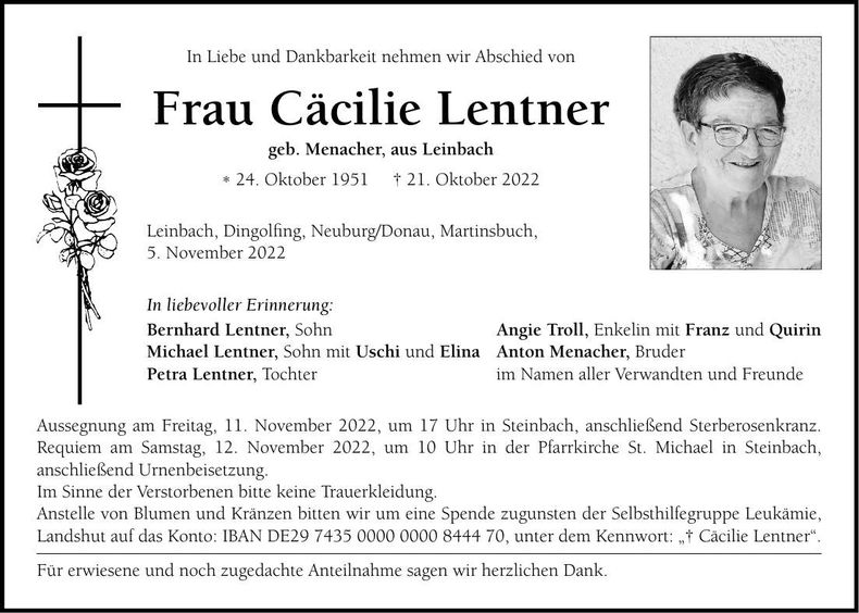 Traueranzeige Cäcilie Lentner