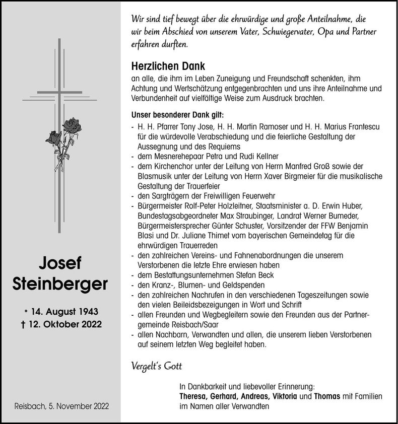Traueranzeige Josef Steinberger