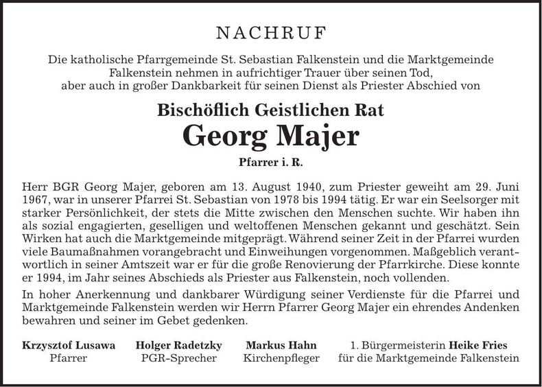Traueranzeige Pfarrer Georg Majer