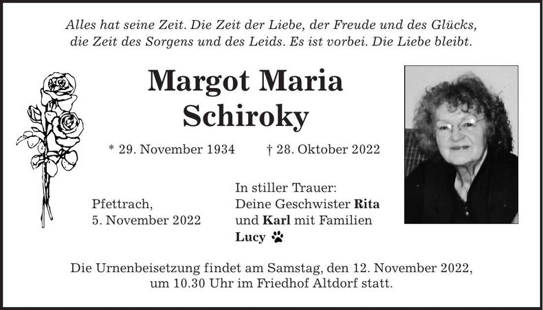 Traueranzeige Margot Maria Schiroky