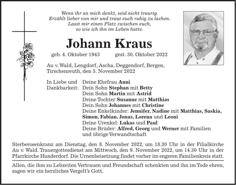 Traueranzeige Johann Kraus
