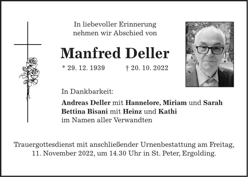 Traueranzeige Manfred Deller