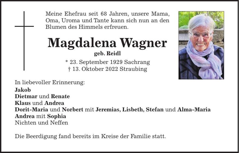 Traueranzeige Magdalena Wagner