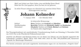 Traueranzeige Johann Kolmeder