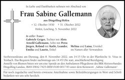 Traueranzeige Sabine Gallemann